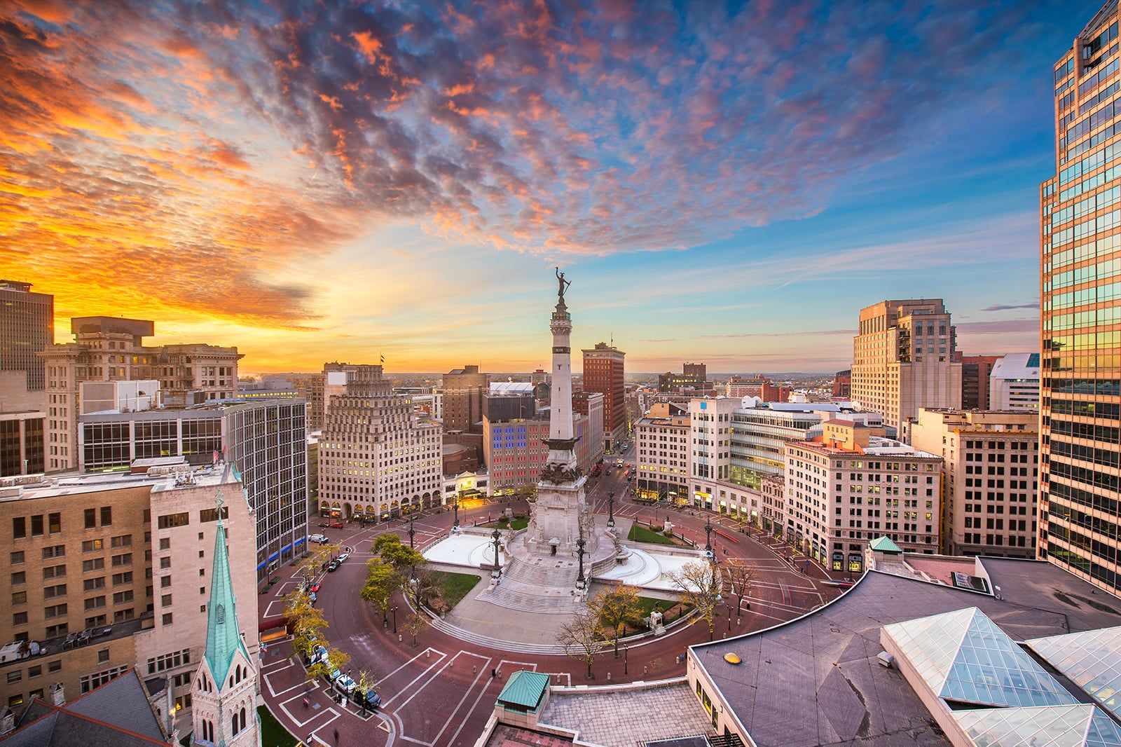 Downtown Indianapolis at sunset — Monument Circle, the heart of Central Indiana served by JD's Heating and Air Conditioning